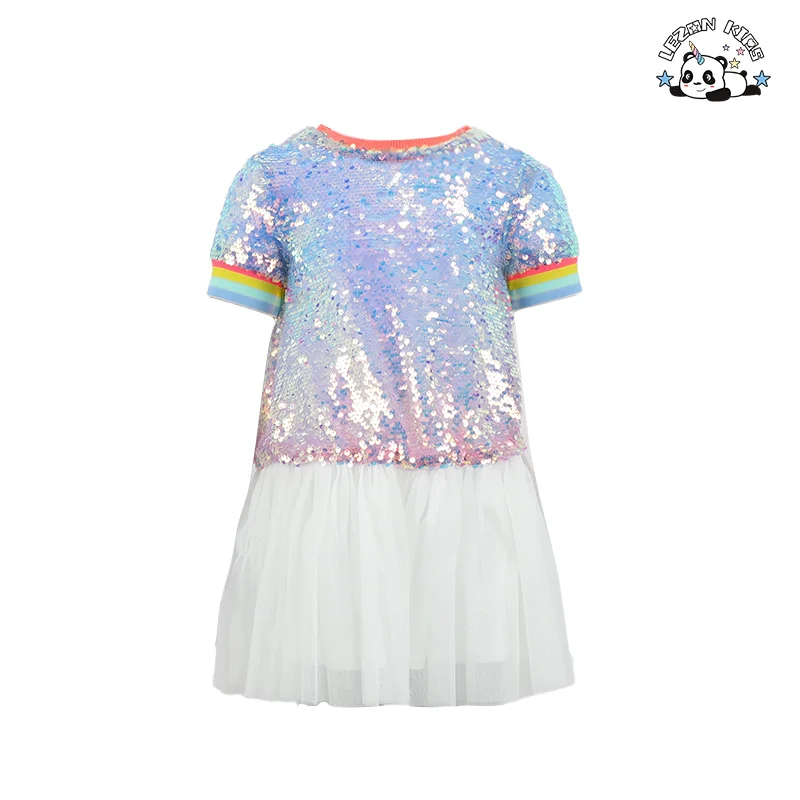LEZONKIDS - Customizable New Product Explosion Custom Colorful Sequin Short Sleeve Tutu Dresses for Girls Kids